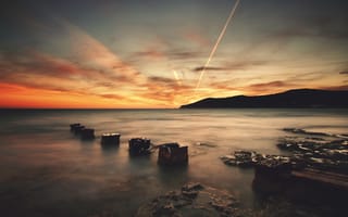 Картинка Ibiza, лучи, берег, вечер, камни, вода