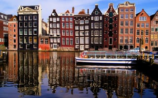 Картинка Amsterdam, Амстердам, Nederland, канал, дома, Нидерланды, вода, отражение, город, река