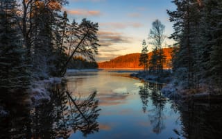 Картинка лес, вода, снег, вечер, река, закат, отражение, деревья