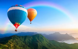 Картинка вид, воздушные шары, высота, холмы, радуга