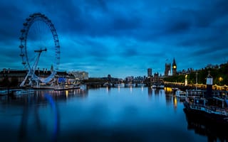 Картинка ночь, мост, катер, лодка, огни, дома, Лондон, река
