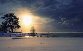 Картинка закат, озеро, пейзаж, зима