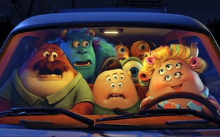 Картинка Disney Pixar, зеленый, Университет монстров, одноглазый, пятиглазые, Monster Sally, Monsters University, Monsters, майк вазовский, синий, улыбка, майк и салли, Корпорация монстров, mike wazowski, монстр Салли