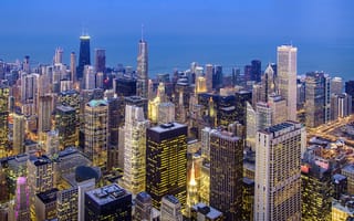 Обои Chicago Loop, дома, высотки, огни, здания, USA, Иллинойс, вечер, небоскребы, город, США, освещение, Чикаго, Illinois
