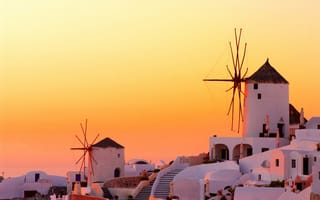 Картинка Greece, Santorini, Ия, Санторини, мельницы, Oia, Греция, дома, закат, вечер, ветряные, город