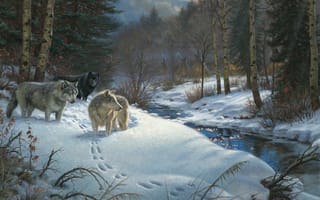 Картинка Mark Keathley, ручей, зима, животные, вечер, Valley of Shadows, лес, юрты, живопись, волки