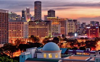 Картинка Singapore, вечер, здание, дома, высотки, Сингапур, город, небоскребы, Madrasah Aljunied Al-Islamiah, деревья