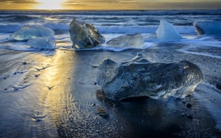 Картинка лед, море, Исландия, горизонт, побережье, глыбы, солнце, небо