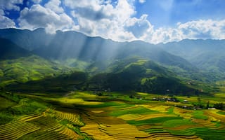 Картинка Вьетнам, поля, осень, лучи, провинция на севере, долина, свет, By tu_geo, Сентябрь, Йенбай, небо, облака