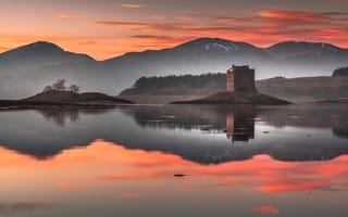 Картинка лес, пейзаж, замок, водоем, башня, горы, отражение, закат
