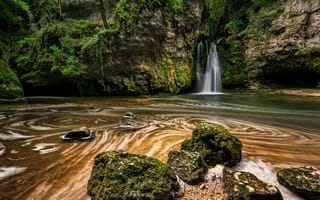 Картинка ручей, камни, La Tine de Conflens, скалы, мох, водопад, Швейцария