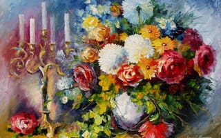 Картинка арт, ваза, подсвечник, букет, цветы, Leonid Afremov, свечи