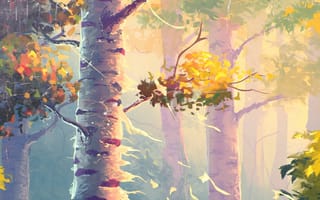 Картинка Природа, Осень, Живопись, Деревья, Берёзы