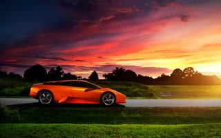 Картинка Lamborghini, закат, profile, Murcielago, блик, orange, небо