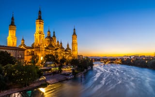 Картинка огни, река, Нуэстра-Сеньора-дель-Пилар, базилика, Испания, Сарагоса