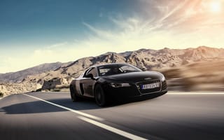 Картинка Audi, R8, блик, солнце, горы, front, чёрная, скорость, ауди, black