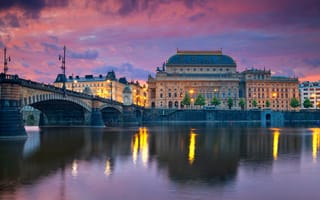Обои вечер, дома, река, мост, Чехия, Прага
