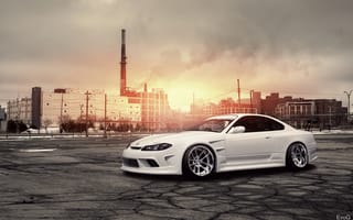 Картинка Nissan, белая, S15, white, сильвия, завод, солнце, обвес, блик, ниссан, front, Silvia