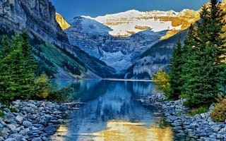 Картинка Lake Louise, камни, Канада, Банф, горы, Canada, канал, деревья, Banff National Park, озеро, Alberta