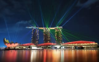 Картинка Singapore, небоскребы, architecture, архитектура, мегаполис, Gardens By the Bay, залив, огни, skyscrapers, отражение, bay, небо, подсветка, lights, reflection, sky, Сингапур, город-государство, night, ночь