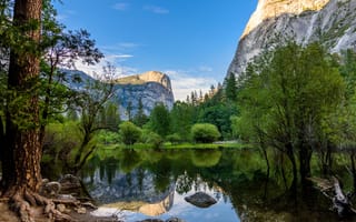 Картинка деревья, Национальный парк Йосемити, озеро, Mirror Lake, Yosemite National Park, Йосемити, отражение, Калифорния, Сьерра-Невада, горы, Sierra Nevada, California
