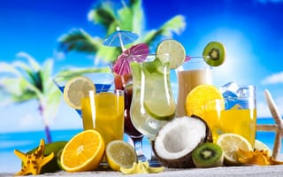 Картинка море, пляж, фрукты, напиток, ракушки, коктейль, пальма