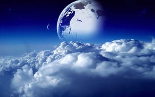 Картинка space, космос, sky, blue, планета, небо, clouds, облака, голубой, moon, planet, синий, луна