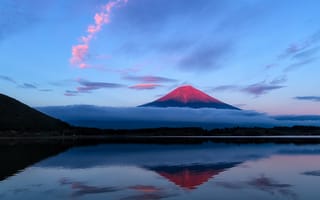 Картинка Япония, вечер, гора, небо, Фудзияма, отражение, озеро, облака