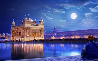 Картинка арт, огни, India, люди, город, река, луна, Punjab, человек, The Golden temple, ночь