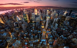 Обои New York City, небоскребы, США, свет, город, закат, USA, Нью-Йорк, высотки, NYC, Manhattan, Манхэттен, панорама, огни, дома, здания, вечер