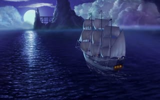 Картинка рендеринг, корабль, луна, небо, ночь, паруса, море