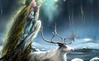 Обои мания, профиль, снег, лицо, рога, длинные волосы, огоньки, девушка, зима, принцесса, лед, олень, животное