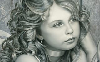 Картинка Christiane Vleugels, серьги, ребенок, кудри, волосы, глаза, девочка, живопись, лицо, арт, художница, взгляд