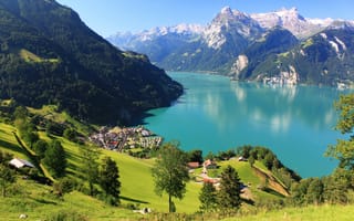 Картинка scenery, озеро, Shwyz, Швейцария, Morschach, Switzerland, городок, горы, лес, дома, пейзаж, скалы, снег