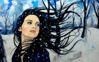 Обои живопись, зима, девушка, ветер, арт, деревья, лицо, голубые глаза, снег, небо, взгляд, волосы