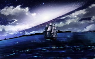 Картинка корабль, парусник, плавание, облака, море, ночь