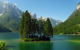 Картинка природа, деревья, горы, озеро, вода, остров