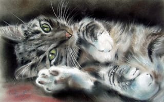Картинка живопись, мордочка, кот, лапки, взгляд, зеленые глаза, усы, животное, уши