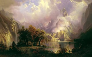 Картинка водопад, картина, Пейзаж Скалистых Гор, Альберт Бирштадт, озеро