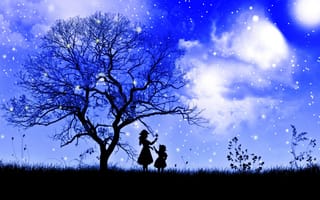 Обои дерево, облака, звезды, ребенок, небо, ветки, ночь, девушка, трава