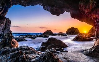 Картинка волны, закат, США, Калифорния, скалы, берег, океан, камни