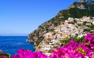 Обои Amalfi, дома, скалы, побережье, Italy, Италия, Амальфи, природа, цветы, город