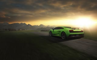 Картинка Lamborghini, Road, Green, LP 570-4, Sunset, Speed, Rear, Gallardo, Superleggera
