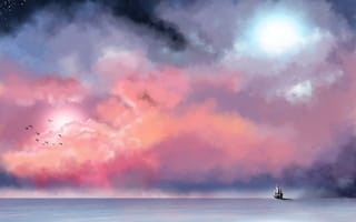 Картинка живопись, море, звезды, туман, корабль, небо, птицы, облака