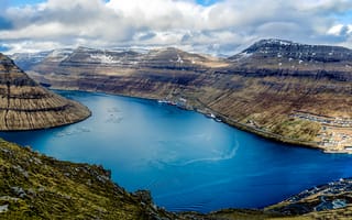 Картинка вид сверху, панорама, Faroe Islands, горы, Klaksvik, гавань, Дания, облака, залив, корабли