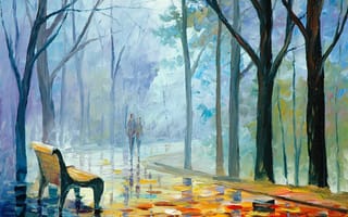 Картинка Leonid Afremov, пара, живопись, девушка, лавочка, деревья, листья, парень, люди, осень