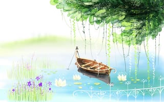 Картинка цветы, забор, озеро, кувшинки, лодка, дерево, рисунок