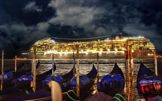 Картинка ночь, корабль, Venice, Венеция, гондолы, Италия, night, Italy