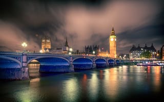 Картинка ночь, мост, фонари, башня, огни, река, Лондон, часы