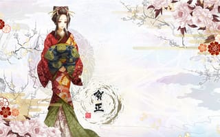 Картинка иероглифы, Yukimura Chizuru, кимоно, цветы, Hakuouki, девушка